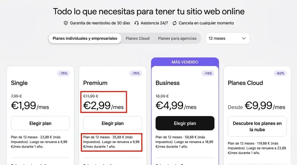 Panel de precios reales de hostinger