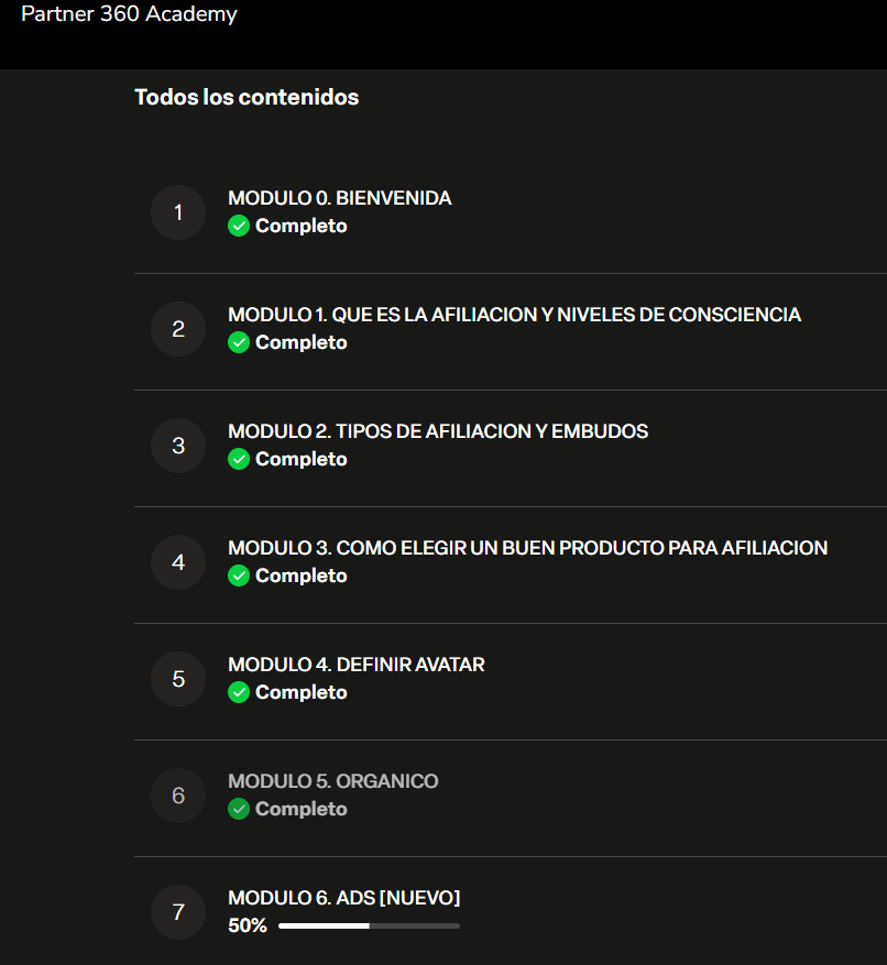 Temario de Partner 360, módulos de orgánico y ADS de la formación de Fabio Serna.